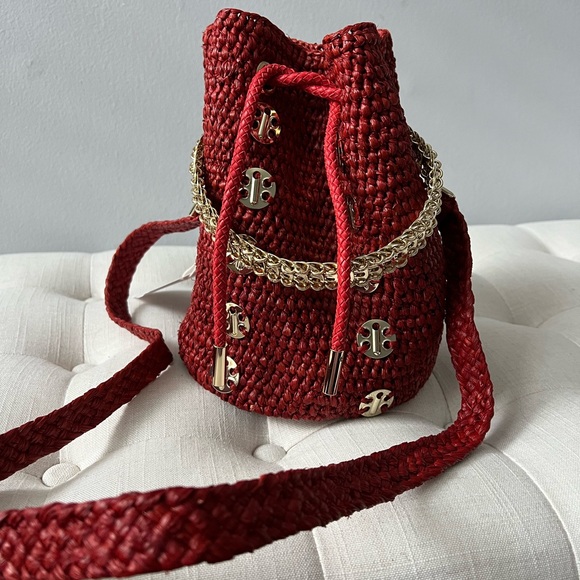 Paco Rabanne red raffia bucket bag new - Picture 5 of 9